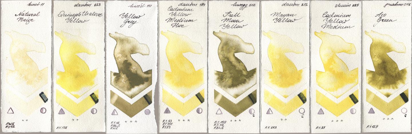 Kuretake Gansai Tambi 011 Natural Beige, Daniel Smith 223 Quinophthalone Yellow, Holbein Artists Watercolor 151 Yellow Grey, 184 Cadmium Yellow Medium Hue, 512 Full Moon Yellow, 212 Mayan Yellow, Shminke Horadam Aquarell 225 Cadmium Yellow Medium, M. Graham & Co. Artists 016 Azo Gre watercolor swatch