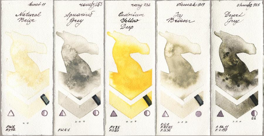 Kuretake Gansai Tambi 011 Natural Beige vs Roman Szmal Aquarius 253 Aquarius Grey vs Rosa Gallery 732 Cadmium Yellow Deep vs Shminke Akademie Aquarell 917 Icy Brown vs Shminke Horadam Aquarell 925 Desert Grey watercolor swatch
