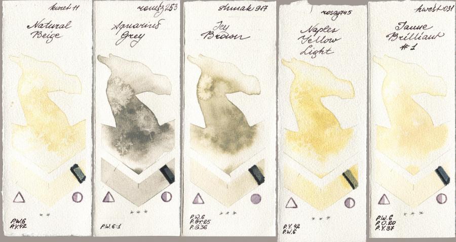 Kuretake Gansai Tambi 011 Natural Beige vs Roman Szmal Aquarius 253 Aquarius Grey vs Shminke Akademie Aquarell 917 Icy Brown vs Rosa Gallery 745 Naples Yellow Light vs Holbein Artists Watercolor 031 Jaune Brilliant No 1 watercolor swatch