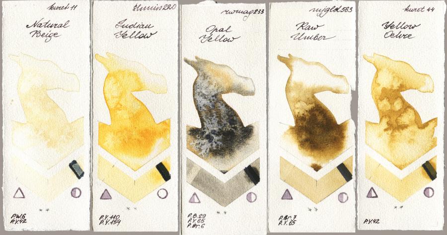 Kuretake Gansai Tambi 011 Natural Beige vs Shminke Horadam Aquarell 220 Indian Yellow vs Rockwell 233 Opal Yellow vs Mijello Mission Gold 563 Raw Umber vs 044 Yellow Ochre watercolor swatch