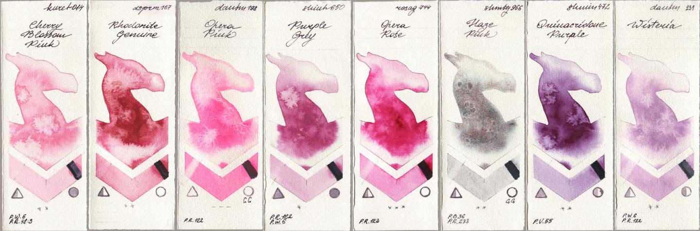 Kuretake Gansai Tambi 014 Cherry Blossom Pink, Daniel Smith 167 Rhodonite Genuine, 198 Opera Pink, Shinhan PWC 650 Purple Grey, Rosa Gallery 744 Opera Rose, Shminke Horadam Aquarell 966 Haze Pink, 472 Quinacridone Purple, 231 Wister watercolor swatch