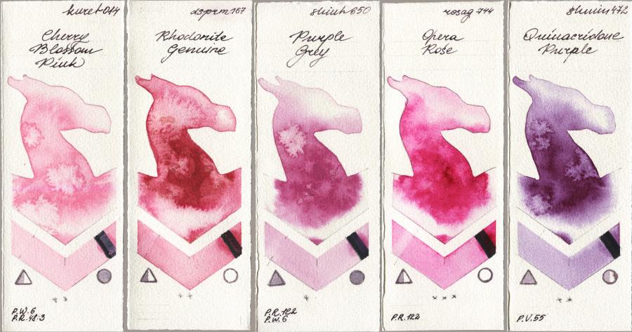 Kuretake Gansai Tambi 014 Cherry Blossom Pink vs Daniel Smith 167 Rhodonite Genuine vs Shinhan PWC 650 Purple Grey vs Rosa Gallery 744 Opera Rose vs Shminke Horadam Aquarell 472 Quinacridone Purple watercolor swatch
