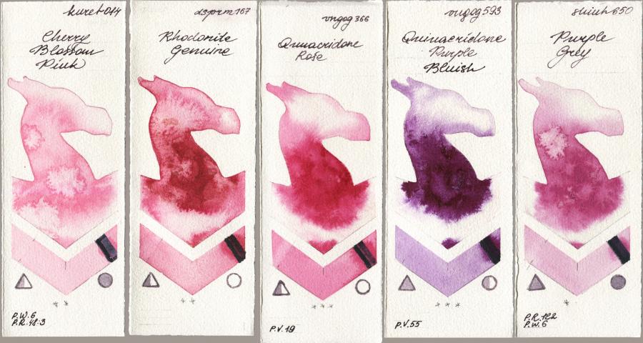 Kuretake Gansai Tambi 014 Cherry Blossom Pink vs Daniel Smith 167 Rhodonite Genuine vs Royal Talens Van Gogh Watercolour 366 Quinacridone Rose vs 593 Quinacridone Purple Bluish vs Shinhan PWC 650 Purple Grey watercolor swatch