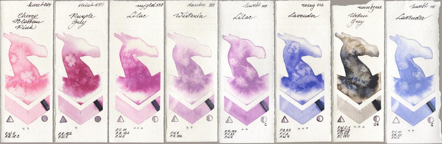 Kuretake Gansai Tambi 014 Cherry Blossom Pink, Shinhan PWC 650 Purple Grey, Mijello Mission Gold 558 Lilac, Daniel Smith 231 Wisteria, Holbein Artists Watercolor 117 Lilac, Rosa Gallery 742 Lavender, Roman Szmal Aquarius 262 Urban Grey, 116 Lavend watercolor swatch