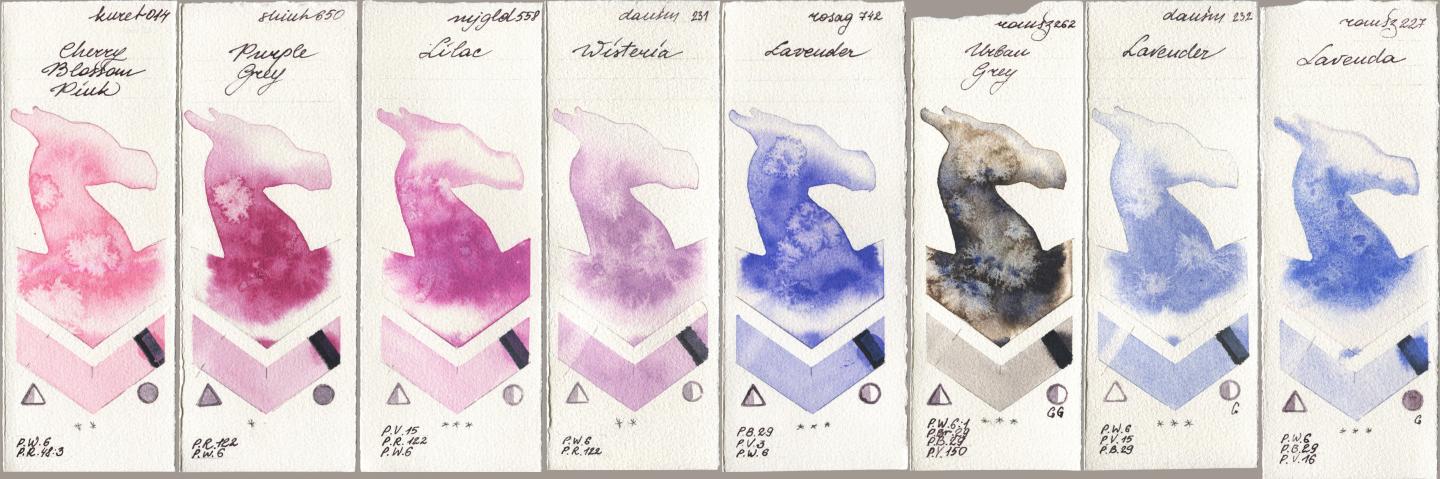 Kuretake Gansai Tambi 014 Cherry Blossom Pink, Shinhan PWC 650 Purple Grey, Mijello Mission Gold 558 Lilac, Daniel Smith 231 Wisteria, Rosa Gallery 742 Lavender, Roman Szmal Aquarius 262 Urban Grey, 232 Lavender, 227 Laven watercolor swatch