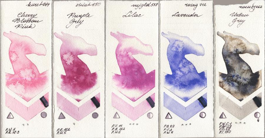 Kuretake Gansai Tambi 014 Cherry Blossom Pink vs Shinhan PWC 650 Purple Grey vs Mijello Mission Gold 558 Lilac vs Rosa Gallery 742 Lavender vs Roman Szmal Aquarius 262 Urban Grey watercolor swatch