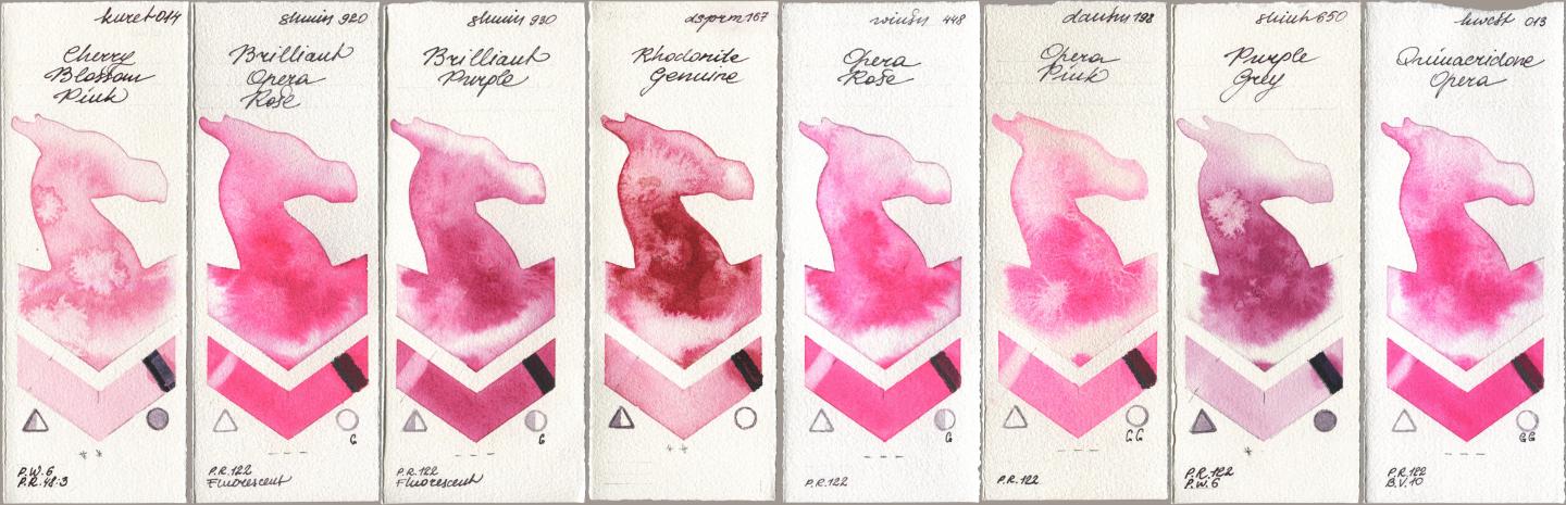 Kuretake Gansai Tambi 014 Cherry Blossom Pink, Shminke Horadam Aquarell 920 Brilliant Opera Rose, 930 Brilliant Purple, Daniel Smith 167 Rhodonite Genuine, Winsor & Newton Professional 448 Opera Rose, 198 Opera Pink, Shinhan PWC 650 Purple Grey, Holbein Artists Watercolor 013 Opera (Quinacridone Oper watercolor swatch