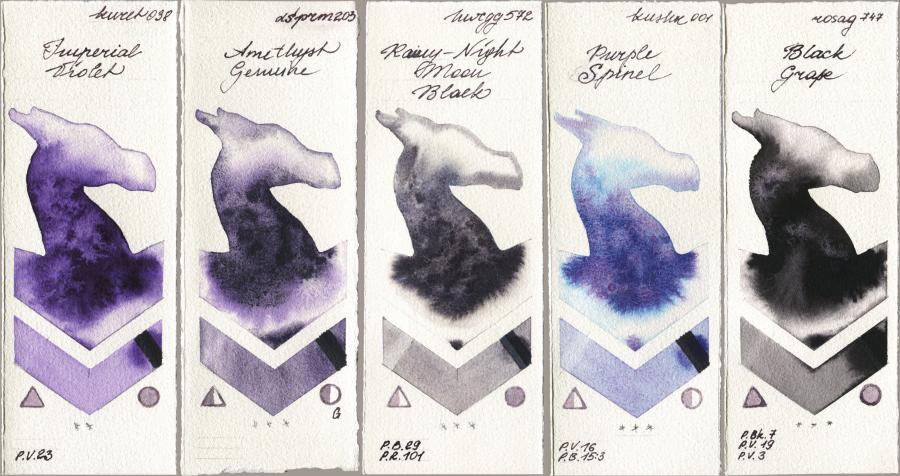 Kuretake Gansai Tambi 038 Imperial Violet vs Daniel Smith 203 Amethyst Genuine vs Holbein Artists Watercolor 572 Rainy-Night Moon Back vs Kusakabe 001 Purple Spinel vs Rosa Gallery 747 Black Grape watercolor swatch