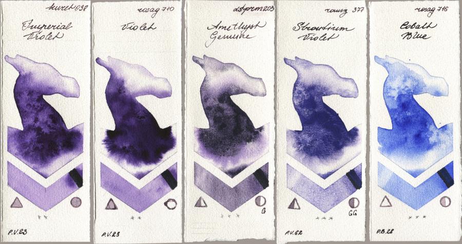 Kuretake Gansai Tambi 038 Imperial Violet vs Rosa Gallery 710 Violet vs Daniel Smith 203 Amethyst Genuine vs Roman Szmal Aquarius 377 Strontium Violet vs 716 Cobalt Blue watercolor swatch
