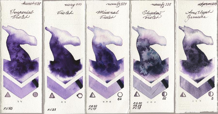 Kuretake Gansai Tambi 038 Imperial Violet vs Rosa Gallery 710 Violet vs Roman Szmal Aquarius 334 Mineral Violet vs 336 Shadow Violet vs Daniel Smith 203 Amethyst Genuine watercolor swatch