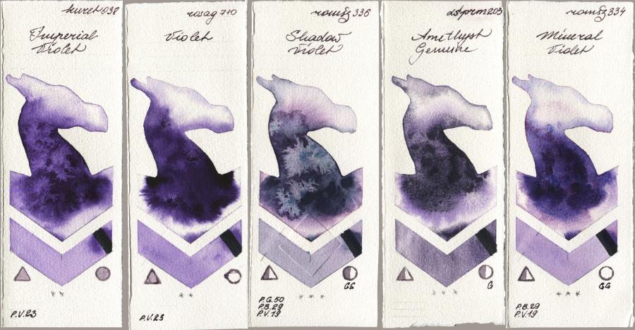 Kuretake Gansai Tambi 038 Imperial Violet vs Rosa Gallery 710 Violet vs Roman Szmal Aquarius 336 Shadow Violet vs Daniel Smith 203 Amethyst Genuine vs 334 Mineral Violet watercolor swatch