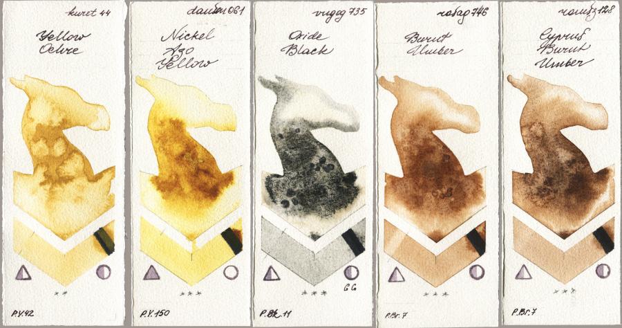Kuretake Gansai Tambi 044 Yellow Ochre vs Daniel Smith 061 Nickel Azo Yellow vs Royal Talens Van Gogh Watercolour 735 Oxide Black vs Rosa Gallery 746 Burnt Umber vs Roman Szmal Aquarius 128 Cyprus Burnt Umber watercolor swatch