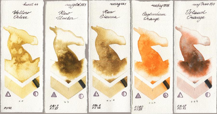 Kuretake Gansai Tambi 044 Yellow Ochre vs Mijello Mission Gold 563 Raw Umber vs Rosa Gallery 721 Raw Sienna vs 705 Cadmium Orange vs 844 Island Orange watercolor swatch
