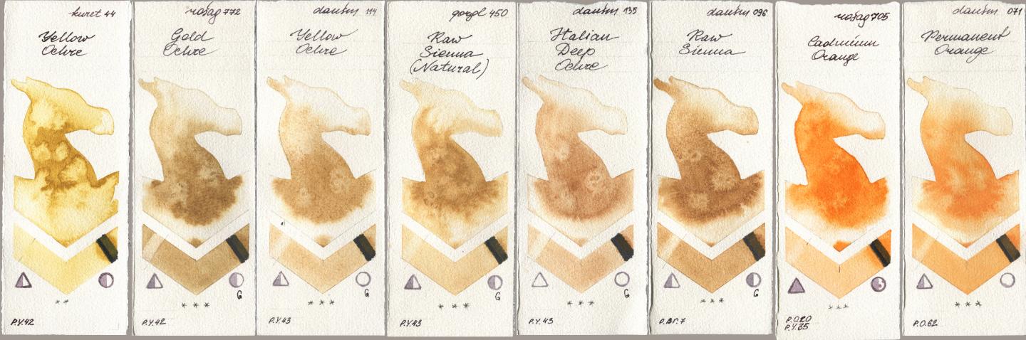 Kuretake Gansai Tambi 044 Yellow Ochre, Rosa Gallery 772 Gold Ochre, Daniel Smith 114 Yellow Ochre, Golden QOR 450 Raw Sienna (Natural), 135 Italian Deep Ochre, 096 Raw Sienna, 705 Cadmium Orange, 071 Permanent Oran watercolor swatch