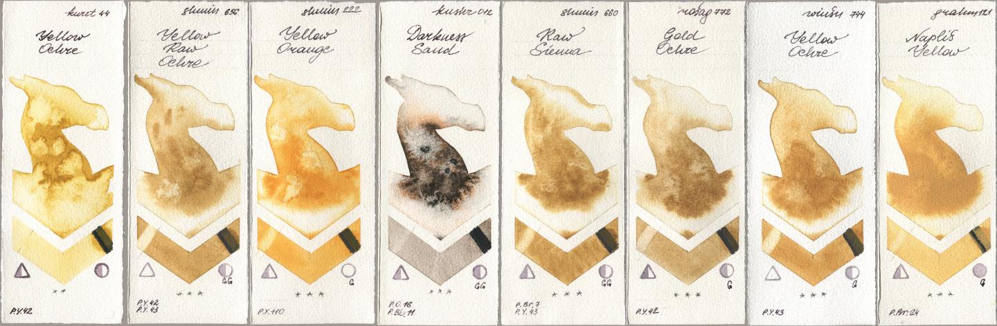 Kuretake Gansai Tambi 044 Yellow Ochre, Shminke Horadam Aquarell 656 Yellow Raw Ochre, 222 Yellow Orange, Kusakabe 012 Darkness Sand, 660 Raw Sienna, Rosa Gallery 772 Gold Ochre, Winsor & Newton Professional 744 Yellow Ochre, M. Graham & Co. Artists 121 Naples Yell watercolor swatch
