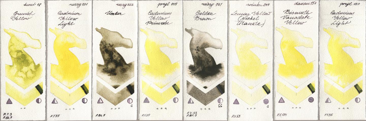 Kuretake Gansai Tambi 048 Greenish Yellow, Rosa Gallery 731 Cadmium Yellow Light, 722 Umber, Golden QOR 105 Cadmium Yellow Primrose, 761 Golden Brown, Winsor & Newton Professional 347 Lemon Yellow (Nickel Titanate), Daniel Smith 154 Bismuth Vanadate Yellow, 120 Cadmium Yellow Lig watercolor swatch