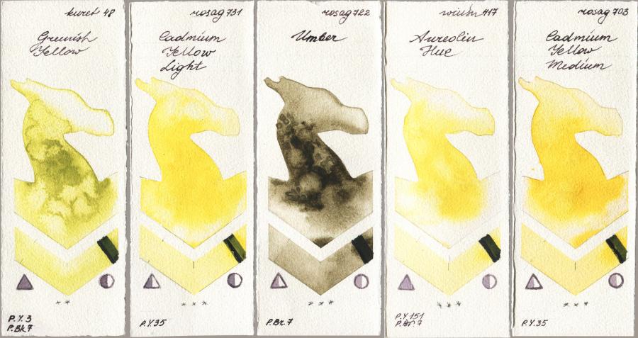 Kuretake Gansai Tambi 048 Greenish Yellow vs Rosa Gallery 731 Cadmium Yellow Light vs 722 Umber vs Winsor & Newton Professional 417 Aureolin Hue vs 703 Cadmium Yellow Medium watercolor swatch