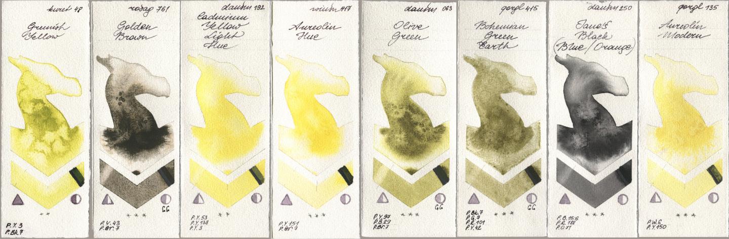 Kuretake Gansai Tambi 048 Greenish Yellow, Rosa Gallery 761 Golden Brown, Daniel Smith 192 Cadmium Yellow Light Hue, Winsor & Newton Professional 417 Aureolin Hue, 063 Olive Green, Golden QOR 415 Bohemian Green Earth, 250 Janes Black (Blue/Orange), 135 Aureolin Mode watercolor swatch