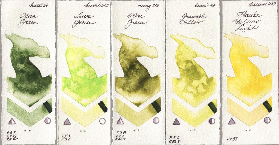 Kuretake Gansai Tambi 054 Olive Green vs 059 Lime Green vs Rosa Gallery 713 Olive Green vs 048 Greenish Yellow vs Daniel Smith 039 Hansa Yellow Light watercolor swatch