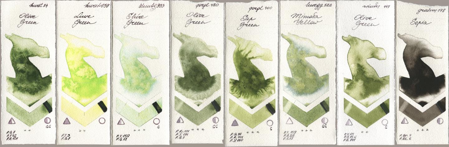 Kuretake Gansai Tambi 054 Olive Green, 059 Lime Green, Shminke Horadam Aquarell 933 Shire Green, Golden QOR 420 Olive Green, 400 Sap Green, Holbein Artists Watercolor 522 Mimosa Yellow, Winsor & Newton Professional 447 Olive Green, M. Graham & Co. Artists 178 Sep watercolor swatch
