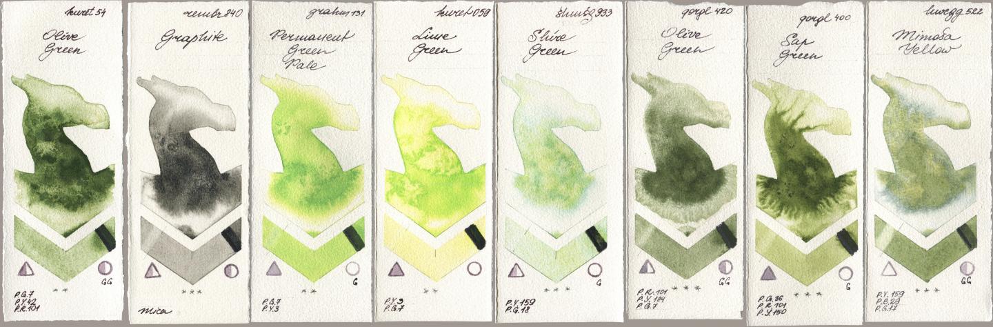 Kuretake Gansai Tambi 054 Olive Green, Royal Talens Rembrandt Watercolour 840 Graphite, M. Graham & Co. Artists 131 Permanent Green Pale, 059 Lime Green, Shminke Horadam Aquarell 933 Shire Green, Golden QOR 420 Olive Green, 400 Sap Green, Holbein Artists Watercolor 522 Mimosa Yell watercolor swatch