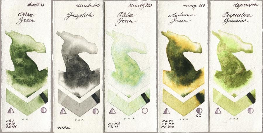 Kuretake Gansai Tambi 054 Olive Green vs Royal Talens Rembrandt Watercolour 840 Graphite vs Shminke Horadam Aquarell 933 Shire Green vs Roman Szmal Aquarius 363 Autumn Green vs Daniel Smith 190 Serpentine Genuine watercolor swatch