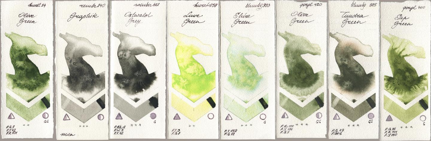 Kuretake Gansai Tambi 054 Olive Green, Royal Talens Rembrandt Watercolour 840 Graphite, Winsor & Newton Professional 428 Ostwald Grey, 059 Lime Green, Shminke Horadam Aquarell 933 Shire Green, Golden QOR 420 Olive Green, 985 Tundra Green, 400 Sap Gre watercolor swatch