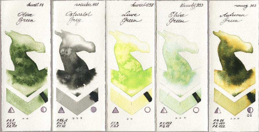 Kuretake Gansai Tambi 054 Olive Green vs Winsor & Newton Professional 428 Ostwald Grey vs 059 Lime Green vs Shminke Horadam Aquarell 933 Shire Green vs Roman Szmal Aquarius 363 Autumn Green watercolor swatch