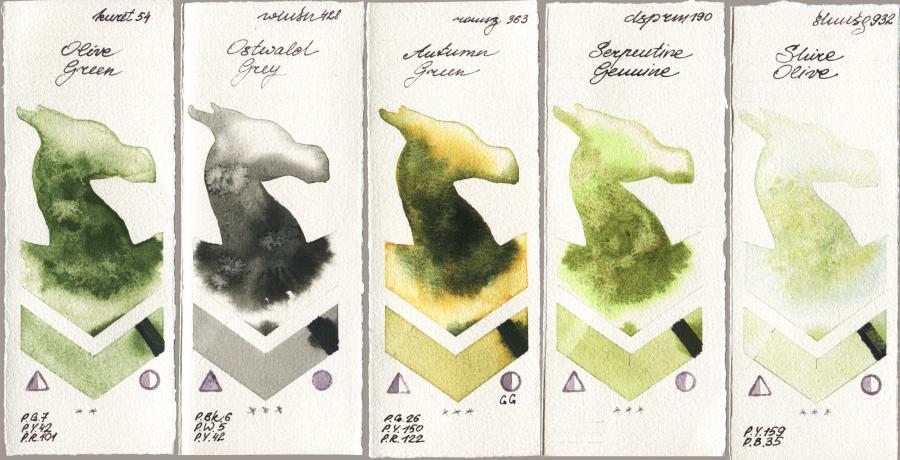 Kuretake Gansai Tambi 054 Olive Green vs Winsor & Newton Professional 428 Ostwald Grey vs Roman Szmal Aquarius 363 Autumn Green vs Daniel Smith 190 Serpentine Genuine vs Shminke Horadam Aquarell 932 Shire Olive watercolor swatch