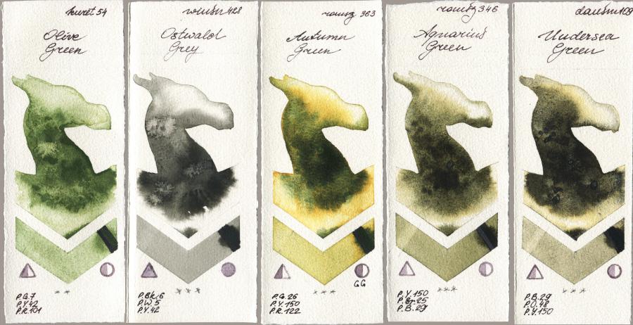 Kuretake Gansai Tambi 054 Olive Green vs Winsor & Newton Professional 428 Ostwald Grey vs Roman Szmal Aquarius 363 Autumn Green vs 346 Aquarius Green vs Daniel Smith 109 Undersea Green watercolor swatch