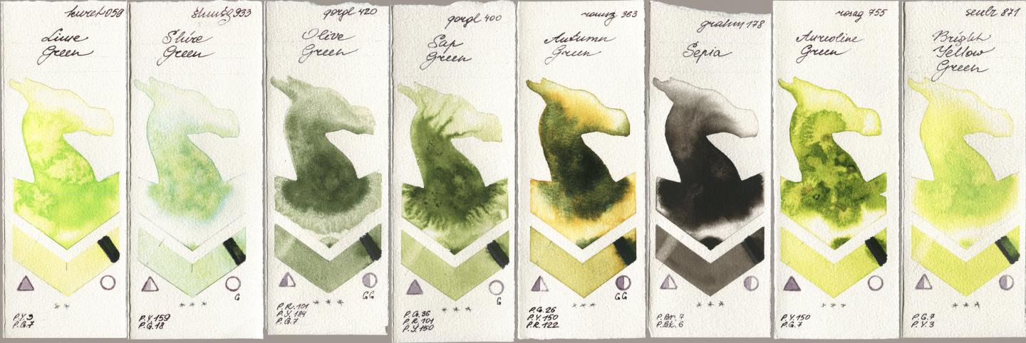 Kuretake Gansai Tambi 059 Lime Green, Shminke Horadam Aquarell 933 Shire Green, Golden QOR 420 Olive Green, 400 Sap Green, Roman Szmal Aquarius 363 Autumn Green, M. Graham & Co. Artists 178 Sepia, Rosa Gallery 755 Aureoline Green, Sennelier l Aquarelle 871 Bright Yellow Gre watercolor swatch