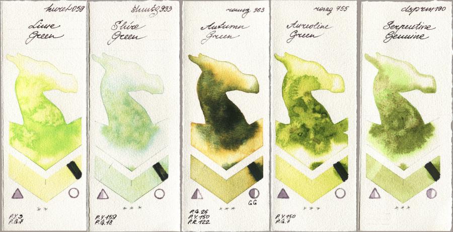 Kuretake Gansai Tambi 059 Lime Green vs Shminke Horadam Aquarell 933 Shire Green vs Roman Szmal Aquarius 363 Autumn Green vs Rosa Gallery 755 Aureoline Green vs Daniel Smith 190 Serpentine Genuine watercolor swatch