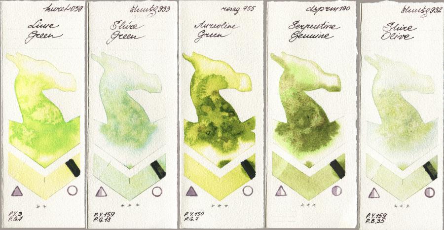 Kuretake Gansai Tambi 059 Lime Green vs Shminke Horadam Aquarell 933 Shire Green vs Rosa Gallery 755 Aureoline Green vs Daniel Smith 190 Serpentine Genuine vs 932 Shire Olive watercolor swatch