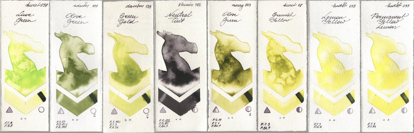 Kuretake Gansai Tambi 059 Lime Green, Winsor & Newton Professional 447 Olive Green, Daniel Smith 139 Green Gold, Shminke Horadam Aquarell 782 Neutral Tint, Rosa Gallery 713 Olive Green, 048 Greenish Yellow, Holbein Artists Watercolor 033 Lemon Yellow, 035 Permanent Yellow Lem watercolor swatch