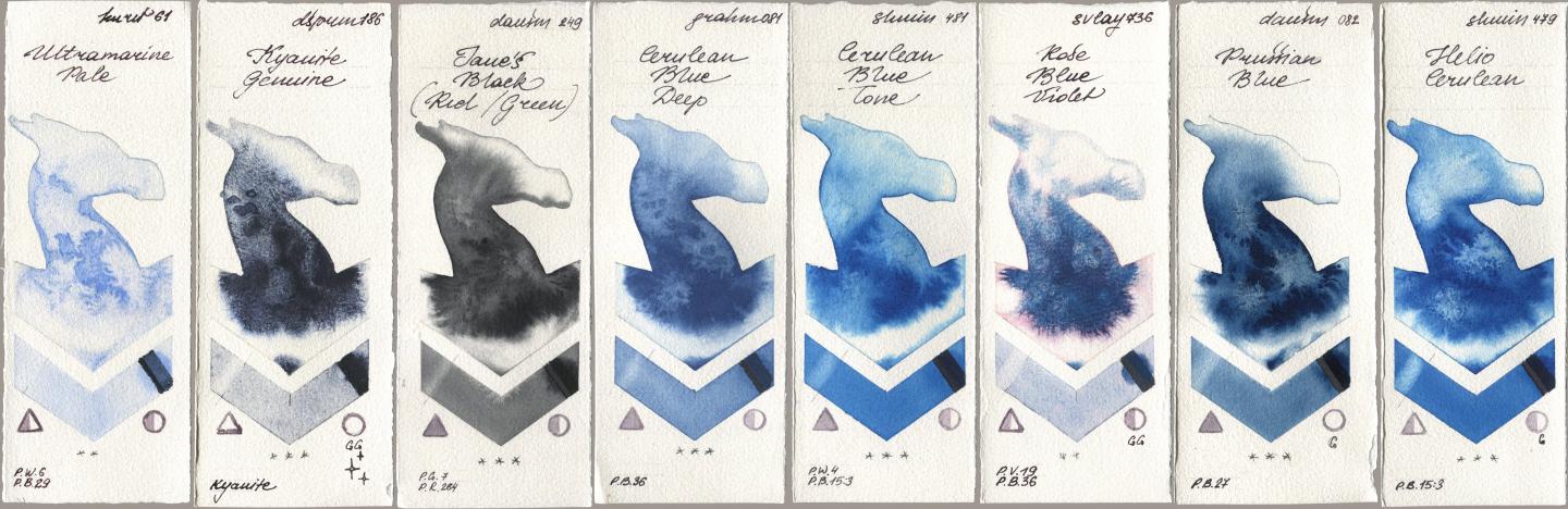 Kuretake Gansai Tambi 061 Ultramarine Pale, Daniel Smith 186 Kyanite Genuine, 249 Janes Black (Red/Green), M. Graham & Co. Artists 081 Cerulean Blue Deep, Shminke Horadam Aquarell 481 Cerulean Blue Tone, SuperVision 736 Rose Blue Violet, 082 Prussian Blue, 479 Helio Cerule watercolor swatch