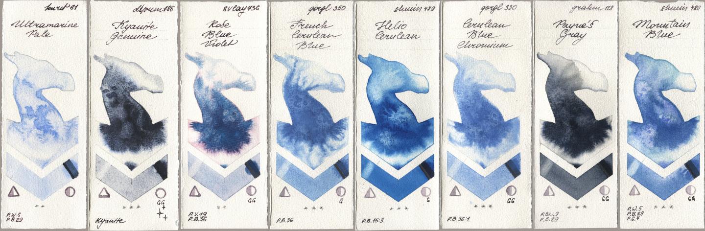 Kuretake Gansai Tambi 061 Ultramarine Pale, Daniel Smith 186 Kyanite Genuine, SuperVision 736 Rose Blue Violet, Golden QOR 350 French Cerulean Blue, Shminke Horadam Aquarell 479 Helio Cerulean, 330 Cerulean Blue, Chromium, M. Graham & Co. Artists 128 Payne’s Gray, 480 Mountain Bl watercolor swatch