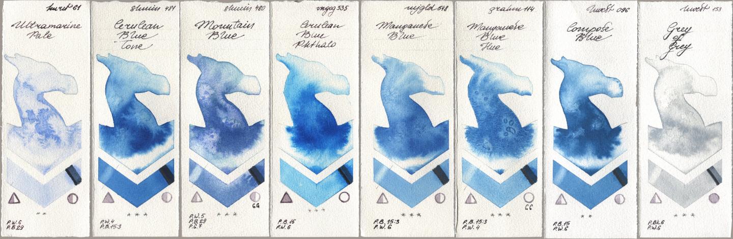 Kuretake Gansai Tambi 061 Ultramarine Pale, Shminke Horadam Aquarell 481 Cerulean Blue Tone, 480 Mountain Blue, Royal Talens Van Gogh Watercolour 535 Cerulean Blue Phthalo, Mijello Mission Gold 548 Manganese Blue, M. Graham & Co. Artists 114 Manganese Blue Hue, Holbein Artists Watercolor 096 Compose Blue, 153 Grey of Gr watercolor swatch