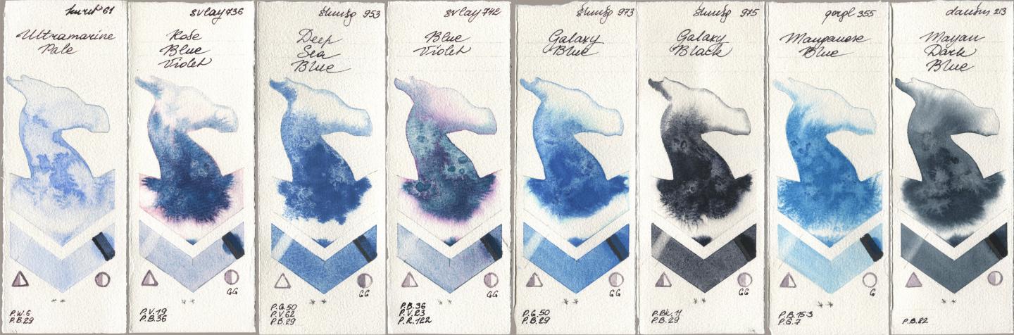 Kuretake Gansai Tambi 061 Ultramatire Pale, SuperVision 736 Rose Blue Violet, Shminke Horadam Aquarell 953 Deep Sea Blue, 742 Blue Violet, 973 Galaxy Blue, 975 Galaxy Black, Golden QOR 355 Manganese Blue, Daniel Smith 213 Mayan Dark Bl watercolor swatch