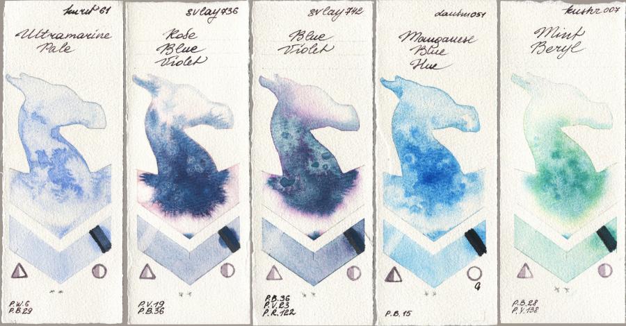 Kuretake Gansai Tambi 061 Ultramatire Pale vs SuperVision 736 Rose Blue Violet vs 742 Blue Violet vs Daniel Smith 051 Manganese Blue Hue vs Kusakabe 007 Mint Beryl watercolor swatch