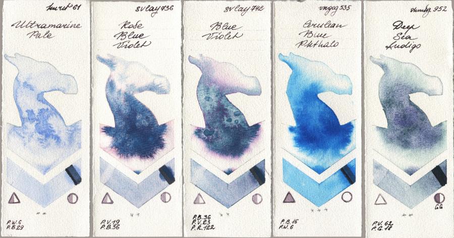 Kuretake Gansai Tambi 061 Ultramatire Pale vs SuperVision 736 Rose Blue Violet vs 742 Blue Violet vs Royal Talens Van Gogh Watercolour 535 Cerulean Blue Phthalo vs Shminke Horadam Aquarell 952 Deep Sea Indigo watercolor swatch