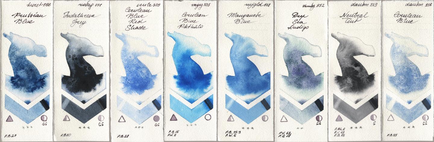 Kuretake Gansai Tambi 066 Prussian Blue, Rosa Gallery 778 Indanthrene Grey, Sennelier l Aquarelle 305 Cerulean Blue Red Shade, Royal Talens Van Gogh Watercolour 535 Cerulean Blue Phthalo, Mijello Mission Gold 548 Manganese Blue, Shminke Horadam Aquarell 952 Deep Sea Indigo, Daniel Smith 229 Neutral Tint, 206 Cerulean Bl watercolor swatch
