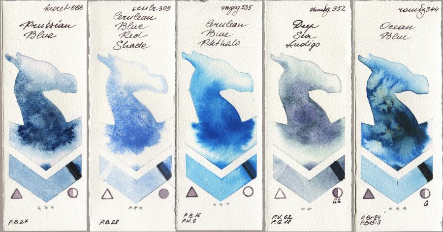 Kuretake Gansai Tambi 066 Prussian Blue vs Sennelier l Aquarelle 305 Cerulean Blue Red Shade vs Royal Talens Van Gogh Watercolour 535 Cerulean Blue Phthalo vs Shminke Horadam Aquarell 952 Deep Sea Indigo vs Roman Szmal Aquarius 344 Ocean Blue watercolor swatch