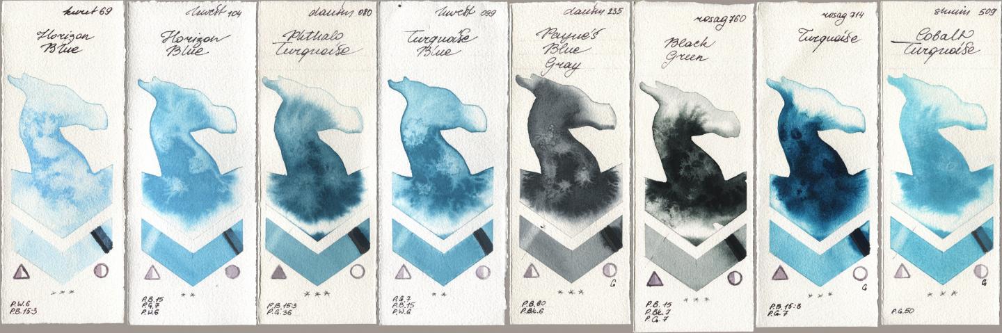 Kuretake Gansai Tambi 069 Horizon Blue, Holbein Artists Watercolor 104 Horizon Blue, Daniel Smith 080 Phthalo Turquoise, 099 Turquoise Blue, 235 Paynes Blue Gray, Rosa Gallery 760 Black Green, 714 Turquoise, Shminke Horadam Aquarell 509 Cobalt Turquoi watercolor swatch