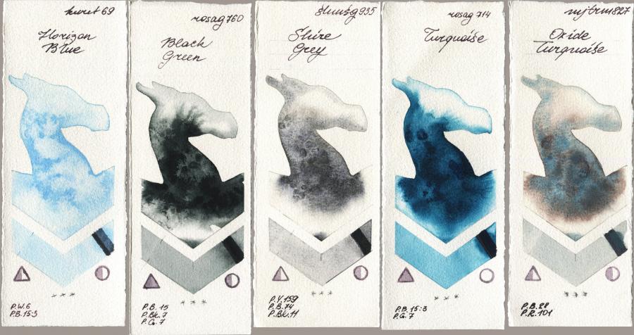 Kuretake Gansai Tambi 069 Horizon Blue vs Rosa Gallery 760 Black Green vs Shminke Horadam Aquarell 935 Shire Grey vs 714 Turquiose vs Mijello Mission Gold 827 Oxide Turquoise watercolor swatch