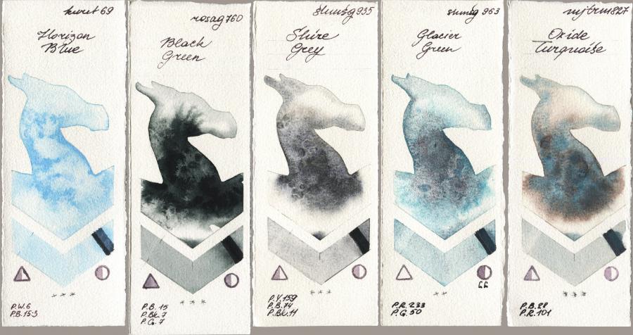 Kuretake Gansai Tambi 069 Horizon Blue vs Rosa Gallery 760 Black Green vs Shminke Horadam Aquarell 935 Shire Grey vs 963 Glacier Green vs Mijello Mission Gold 827 Oxide Turquoise watercolor swatch