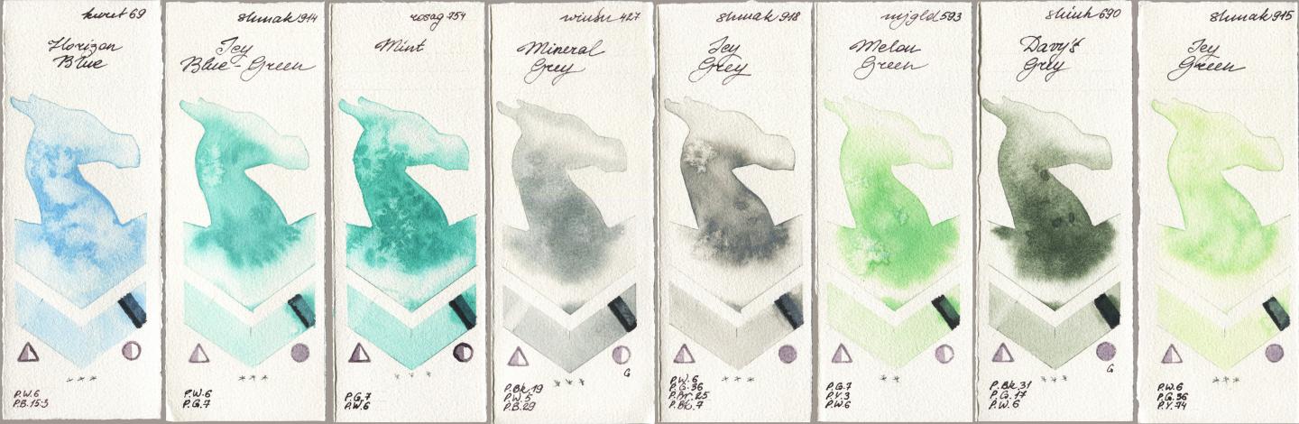 Kuretake Gansai Tambi 069 Horizon Blue, Shminke Akademie Aquarell 914 Icy Blue-Green, Rosa Gallery 754 Mint, Winsor & Newton Professional 427 Mineral Grey, 918 Icy Grey, Mijello Mission Gold 593 Melon Green, Shinhan PWC 690 Davys Grey, 915 Icy Gre watercolor swatch