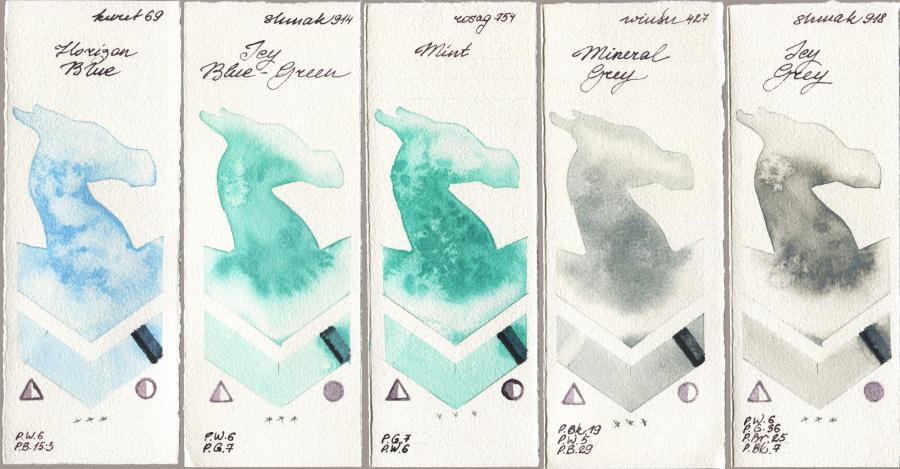 Kuretake Gansai Tambi 069 Horizon Blue vs Shminke Akademie Aquarell 914 Icy Blue-Green vs Rosa Gallery 754 Mint vs Winsor & Newton Professional 427 Mineral Grey vs 918 Icy Grey watercolor swatch