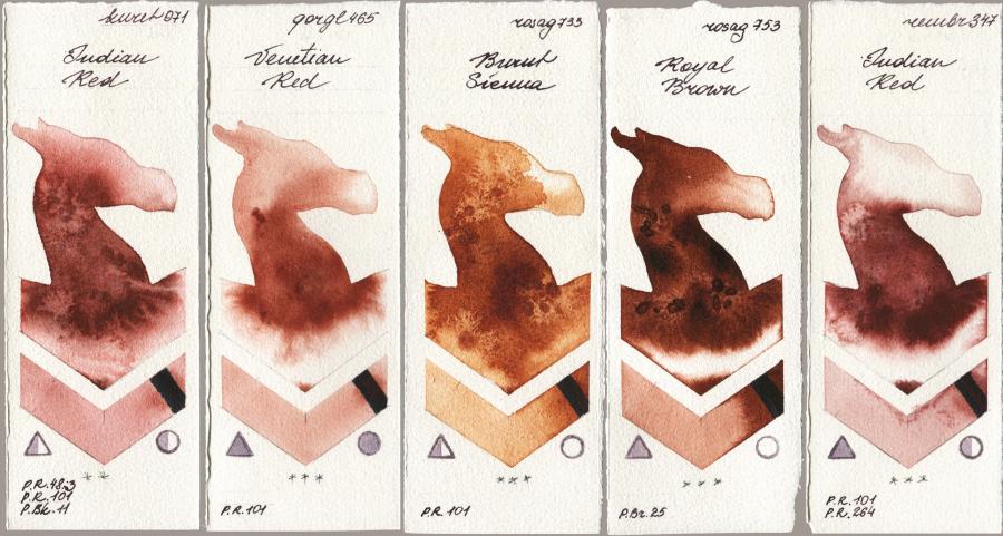Kuretake Gansai Tambi 071 Indian Red vs Golden QOR 465 Venetian Red vs Rosa Gallery 733 Burnt Sienna vs 753 Royal Brown vs Royal Talens Rembrandt Watercolour 347 Indian Red watercolor swatch