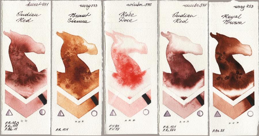 Kuretake Gansai Tambi 071 Indian Red vs Rosa Gallery 733 Burnt Sienna vs Winsor & Newton Professional 576 Rose Dore vs Royal Talens Rembrandt Watercolour 347 Indian Red vs 753 Royal Brown watercolor swatch