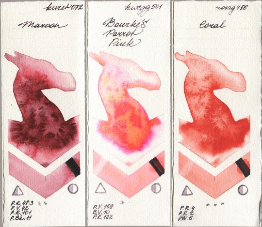 Kuretake Gansai Tambi 072 Maroon vs Holbein Artists Watercolor 501 Bourkes Parrot Pink vs Rosa Gallery 756 Coral watercolor swatch